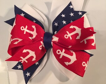 Fourth Of July Bow July 4th Bow Nautical Hair Bow Patriotic Hair Bow Red White Blue Bow Red Anchor Bow Navy Stars and Anchor Bow Beach Bow