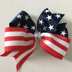 Fourth of July Hair Bow July 4th Bow Stars and Stripes Bow Red White Blue Bow Patriotic Bow Fourth of July Bow Silver Center