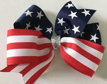 Fourth of July Hair Bow July 4th Bow Stars and Stripes Bow Red White Blue Bow Patriotic Bow Fourth of July Bow Silver Center