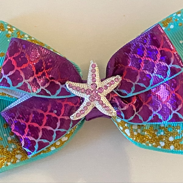 Dazzling Mermaid Hair Bow with Gold Glitter Purple Mermaid Scale Bow Ariel Bow Little Mermaid Bow with Sparkly Rhinestone Starfish Center