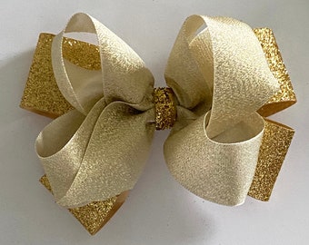 Glittery Gold Hair Bow Christmas Bow Shimmery Gold Satin Hair Bow