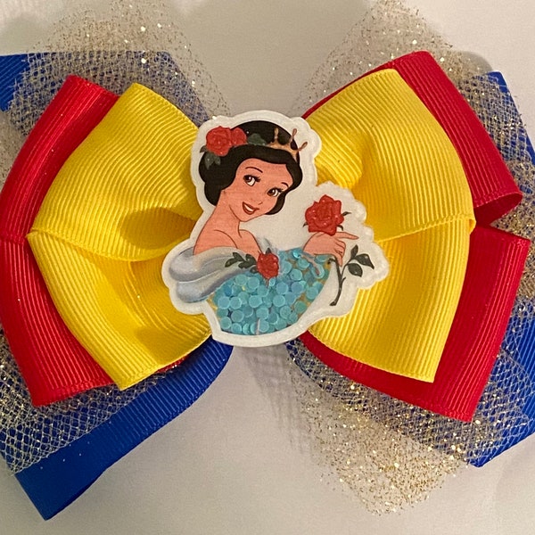 Snow White Hair Bow Disney Princess Bow Snow White Bow Royal Blue and Yellow Snow White Bow with Gold Glitter Tulle Disney Bow