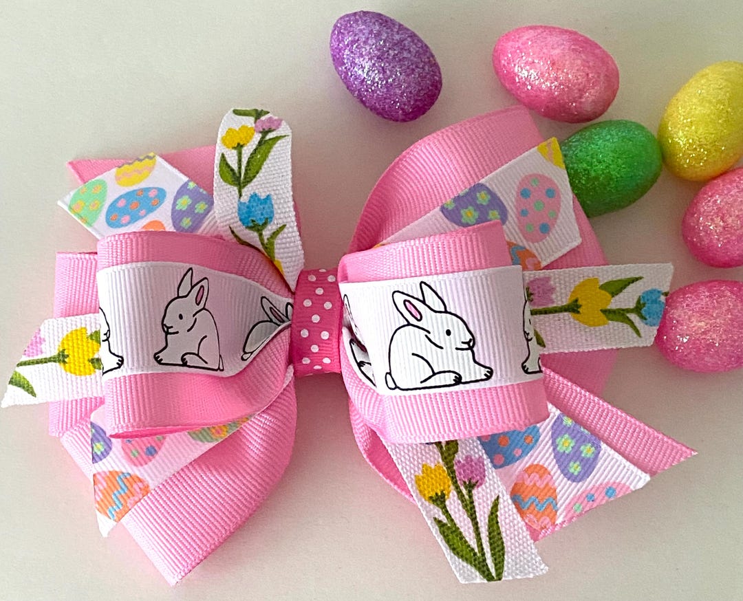 Beautiful Pink Easter Hair Bow With Eggs Bunnies and Tulips - Etsy