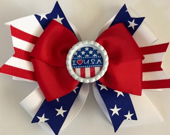 USA Hair Bow I Love USA Bow Fourth of July Bow July 4th Bow Patriotic Bow Stars and Stripes Bow Flag Bow Red White and Blue Bow Memorial Day