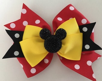 Minnie Mouse Hair Bow Mickey Mouse Bow Disney Minnie Bow Disney Mickey Bow Red Polka Dot Minnie Bow with Glittery Minnie Disney Hair Bow