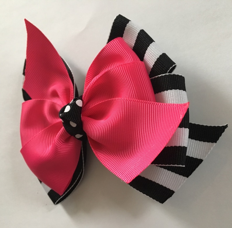 Pink and Black Hair Bow Dark Pink and Black and White Stripe Bow Black Stripe Bow Pink Black Stripe Hair Bow Pink and Black Bow Preppy Bow