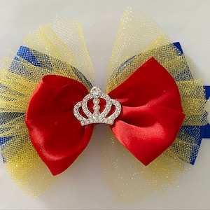 Snow White Hair Bow Sparkly Snow White Bow Disney Princess Bow Red Satin Snow White Bow with Tiara Royal Blue and Yellow Tulle Bow