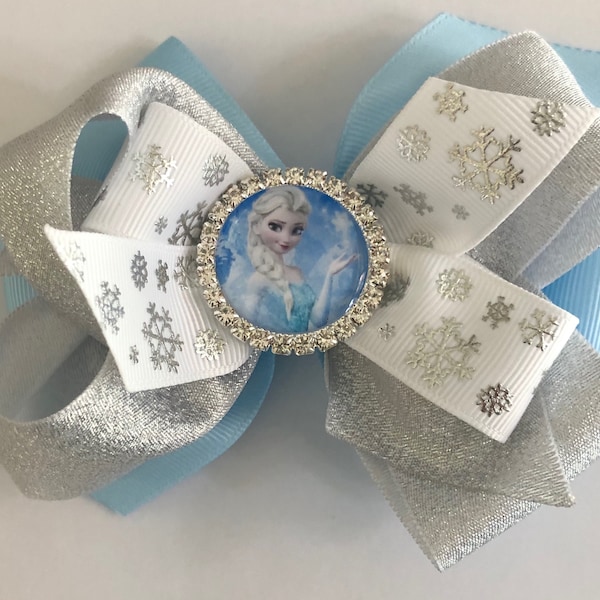 Elsa Hair Bow Frozen Hair Bow Light Blue and Silver Elsa Bow Disney Princess Bow Elsa Snowflake Bow