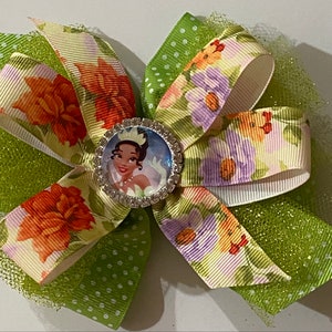 Princess Tiana Bow Princess and the Frog Bow Green Tiana Bow with Tulle Glittery Tiana Bow with Floral Ribbon Sparkly Disney Princess Bow