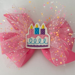 Birthday Hair Bow Birthday Party Bow Birthday Cake Hair Bow Party Hair Bow Party Bow with Sparkly Tulle Pink Tulle Birthday Bow