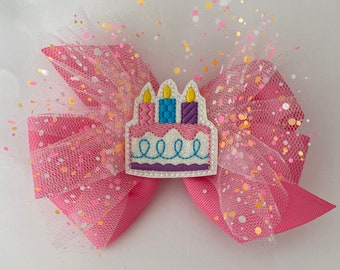 Birthday Hair Bow Birthday Party Bow Birthday Cake Hair Bow Party Hair Bow Party Bow with Sparkly Tulle Pink Tulle Birthday Bow