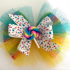 Rainbow Lollipop Bow Colorful Tulle Lollipop Bow Turquoise and Yellow Lollipop Bow Rainbow Bow with Lollipop