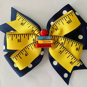 Back to School Bow Navy Polka Dot and Ruler Bow Navy and Yellow School Bow with Stack of Books