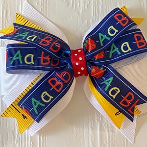Back to School Bow ABC Hair Bow Primary Hair Bow Kindergarten Bow Ruler Ribbon Bow Blue and Yellow School Bow First Grade Bow School Bow