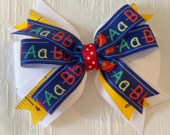 Back to School Bow ABC Hair Bow Primary Hair Bow Kindergarten Bow Ruler Ribbon Bow Blue and Yellow School Bow First Grade Bow School Bow