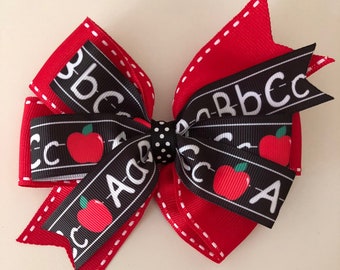Back to School Bow First Day of School Bow Red and Black School Bow ABC Bow with Apples Kindergarten Bow Primary Bow Apple Bow