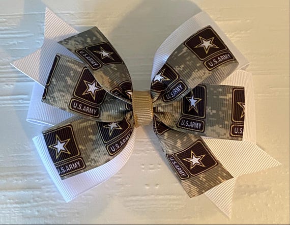 US Army Hair Bow White and Green Army Bow Army Logo Bow