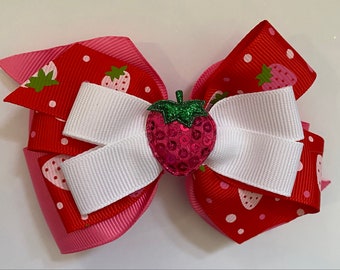 Hot Pink Strawberry Bow Pink and Red Strawberry with Sequin Strawberry Center