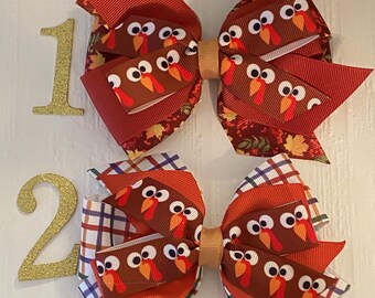 Thanksgiving Hair Bow Turkey Bow Orange and Rust Leaf Bow Autumn Hair Bow Plaid Turkey Bow