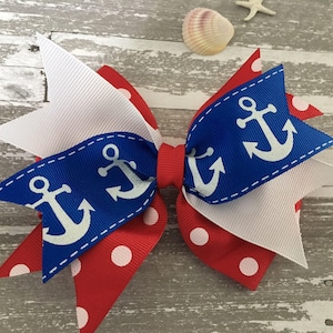 Nautical Hair Bow Red White Blue Bow Red White and Blue Anchor Bow PAtriotic Bow Red Polka Dot Nautical Bow with Blue Anchors USA Hair Bow