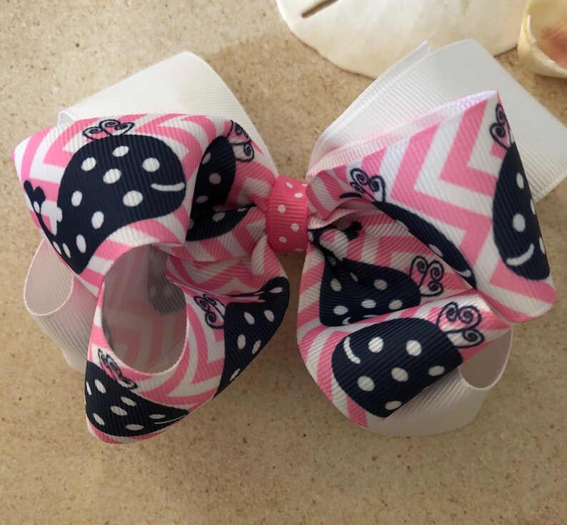 Preppy Summer Bow Navy and Pink Whale Bow Pink and White Whale Bow Nautical Hair Bow Beachy Bow Pink Chevron and Navy Whale Bow