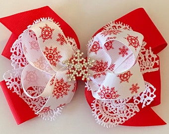 Festive Red Snowflake Bow with Rhinestone Snowflake Red Lace Snowflake Bow Rhinestone Snowflake Bow