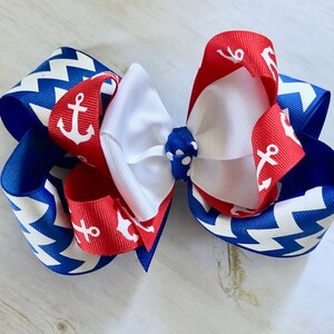 Nautical Hair Bow Royal Blue and Red Bow Blue Chevron Red Anchor Bow Patriotic Bow July 4th Bow Fourth of July Hair Bow