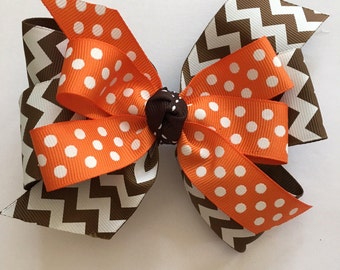 Fall Bow Thanksgiving Bow Brown Chevron and Orange Polka Dot Bow Fall Hair Bow Brown and Orange Bow Bow with Fall Colors Autumn Hair Bow