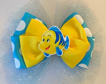 Flounder Hair Bow Disney's Flounder Bow Turquoise and Yellow Flounder Bow Sparkly Flounder Bow with Tulle Polka Dot Flounder Bow