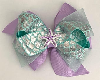 Sparkling Mermaid Bow Glittery Mermaid Bow Ariel Bow with Sparkly Star Fish Center Disney Princess Bow