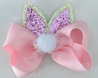 Glittery Easter Hair Bow Bunny Ears Bow with Sparkly Bunny Tail Easter Bunny Clip