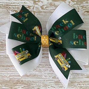 Back to School Bow Hunter Green Bow with Bus Hunter Green and White School Bow
