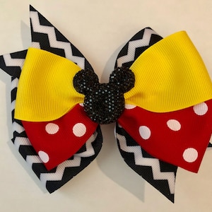 Mickey Mouse Chevron Bow Red and Yellow Mickey Bow Chevron Mickey Mouse Bow Red Polka Dot and Yellow Mickey Bow Disney Bow Glittery Mickey