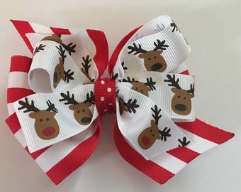 Red Striped Christmas Bow Reindeer Hair Bow Red and White Reindeer Bow Holiday Hair Bow Christmas Bow with Reindeer