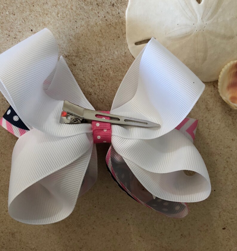 Preppy Summer Bow Navy and Pink Whale Bow Pink and White Whale Bow Nautical Hair Bow Beachy Bow Pink Chevron and Navy Whale Bow