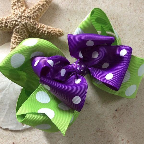 Lime Green and Purple Hair Bow Purple and Green Polka Dot Bow Lime Green Jumbo Dot Bow Summer Bow