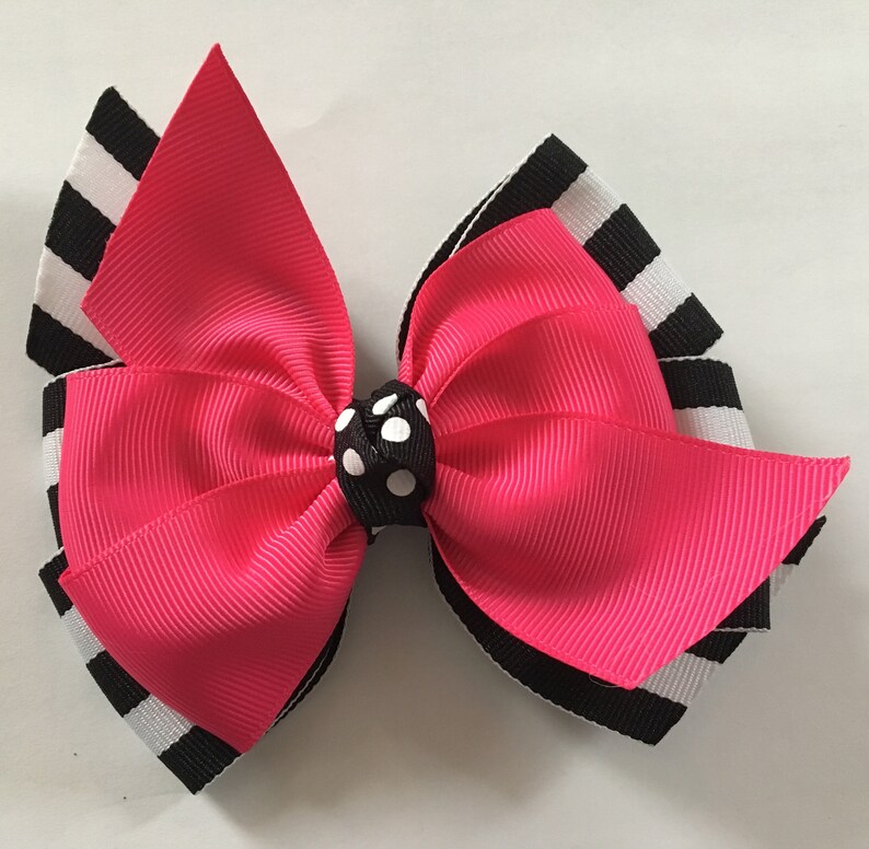 Pink and Black Hair Bow Dark Pink and Black and White Stripe Bow Black Stripe Bow Pink Black Stripe Hair Bow Pink and Black Bow Preppy Bow