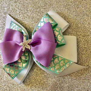 Little Mermaid Bow Ariel Hair Bow with Rhinestone Starfish Purple Mermaid Bow Disney Princess Bow Aqua Mermaid Bow with Mermaid Scale Ribbon imagem 2