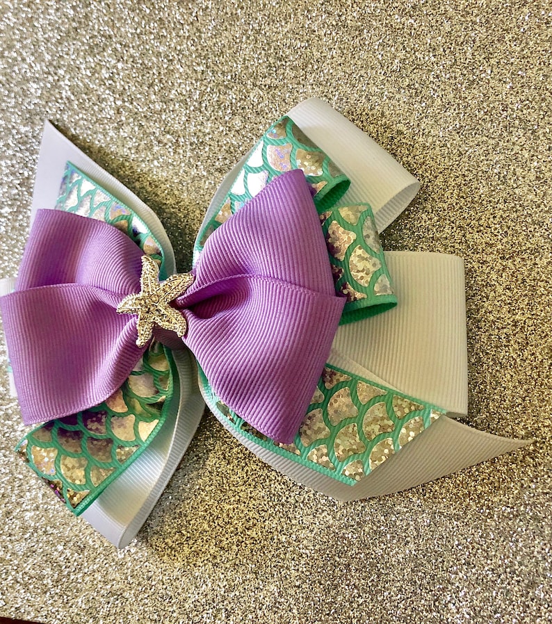 Little Mermaid Bow Ariel Hair Bow with Rhinestone Starfish Purple Mermaid Bow Disney Princess Bow Aqua Mermaid Bow with Mermaid Scale Ribbon imagem 2