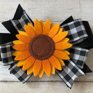 Sunflower Hair Bow Black and White Checked Sunflower Bow with Large Sunflower Center  Black and White Checked Bow