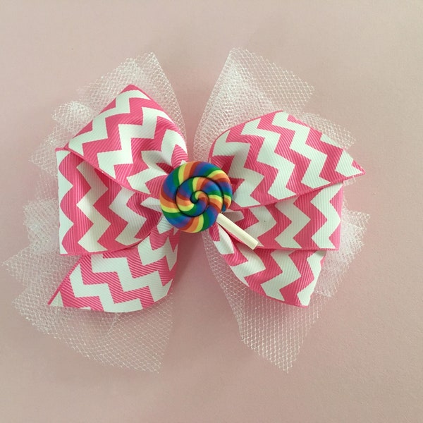 Lollipop Hair Bow Pink Chevron Bow with Lollipop Center Tulle and Pink Chevron Bow Dance Costume Bow Pink Chevron Bow with Sparkly Tulle