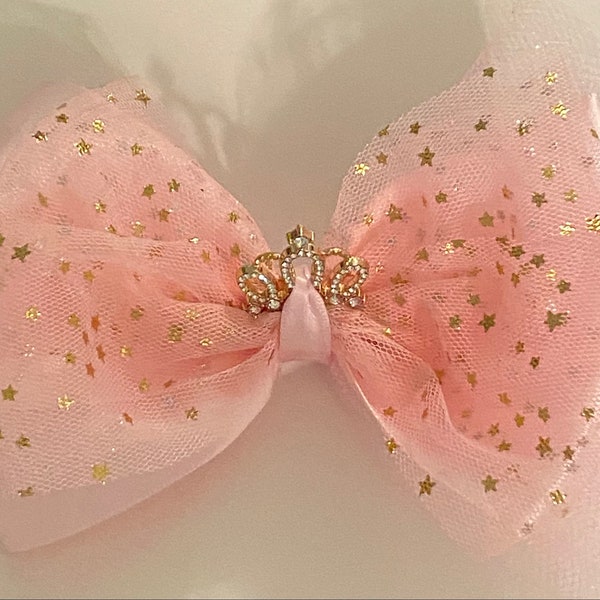 Gold and Pink Shimmery Princess Bow with Pink Tulle and Pink Satin Ribbon Pink and Gold Glittery Princess Bow with Tiara Pink Birthday Bow