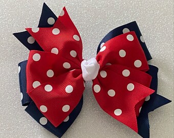 Fourth of July Bow Patriotic Hair Bow Red White Blue Hair Bow Polka Dot Red and Blue Bow July 4th Hair Bow