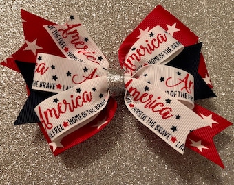 Fourth of July Hair Bow Patriotic Hair Bow Red White Blue Bow America Bow Red and White Star Bow July Fourth BOw with Silver Red and Blue