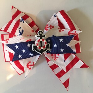 Nautical Hair Bow Red Stripe Hair Bow  Red Candy Stripe Bow with Anchor Red White Blue Bow July 4th Bow Fourth of July Bow