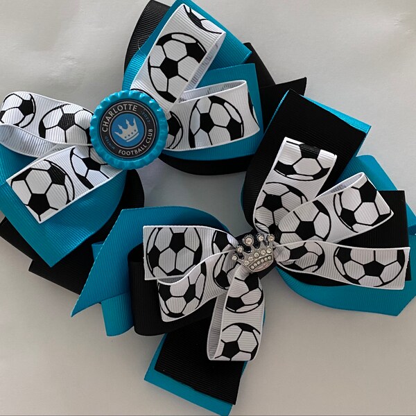 Charlotte Football Club Bow Charlotte Soccer Bow Turquoise and Black Soccer Bow Charlotte Soccer Bow with Crown Soccer Bows