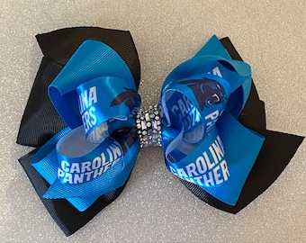 Carolina Panthers Hair Bow Panthers Bow Glittery Turquoise and White Panther Bow Panther Logo Bow Large Panther Bow with Rhinestone Trim