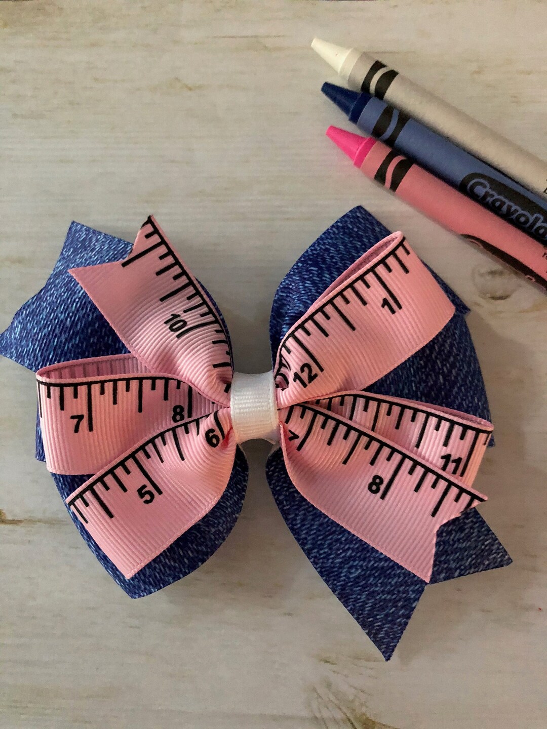 Pink and Denim Back to School Bow Pink Ruler Ribbon Bow Pink and Blue ...