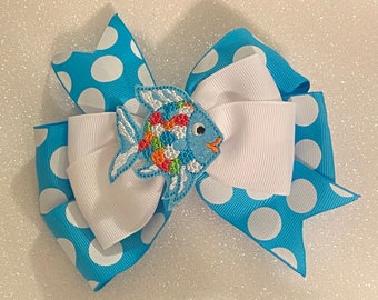Rainbow Fish Bow Nautical Hair Bow Blue Polka Dot Fish Bow Summer Hair Bow