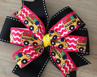 Back to School Bow Black and Red Bus Bow Black Yellow Red School Bow School Bus Hair Bow Red Chevron School Bow